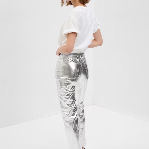 Gap High Rise Vegan Leather Cheeky Straight Pants - Silver - 30 (10) L - NWT - Picture 2 of 7